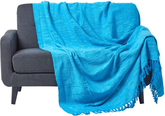 HOMESCAPES Coperta In Cotone Intrecciato A Mano Kashi, 225x255 Cm Con Nappe, Leggera, Per Letto O Divano, Naturale