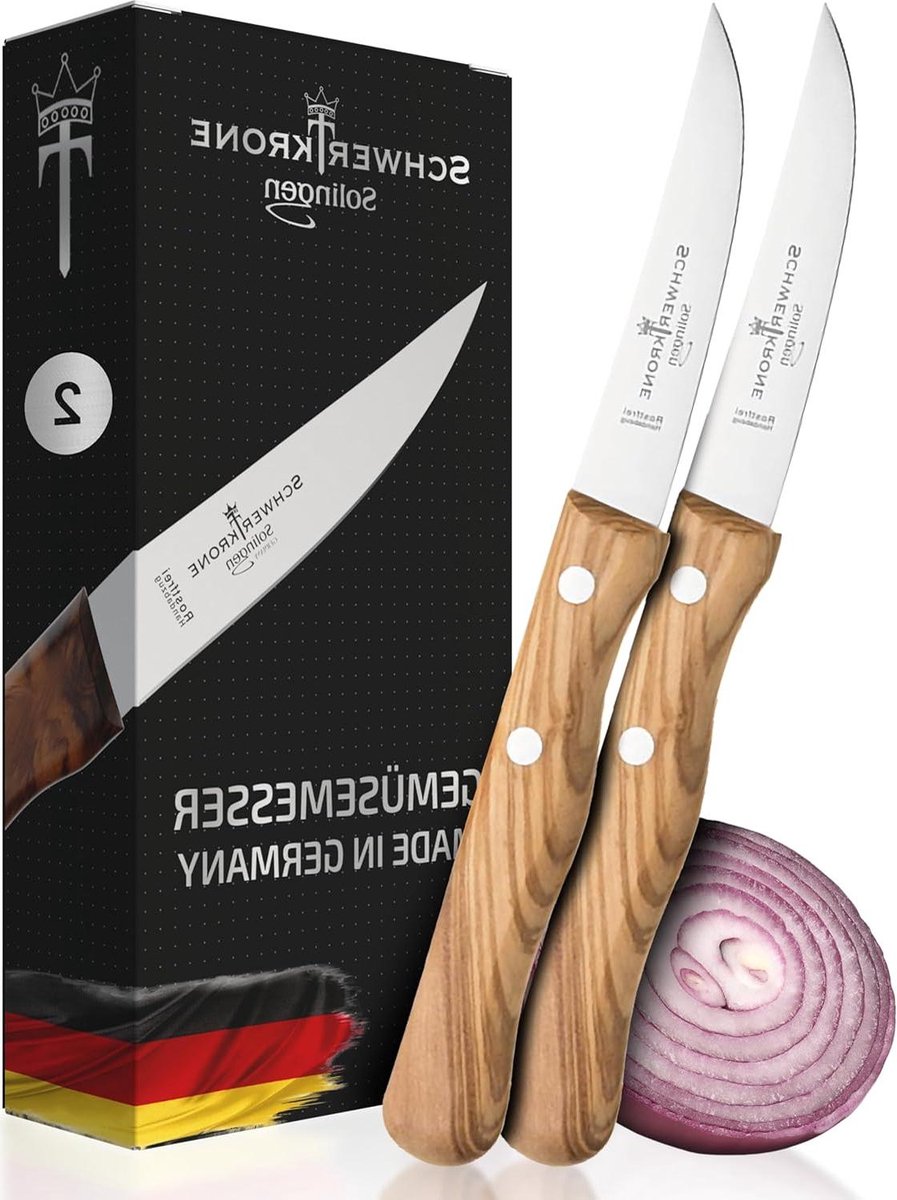 Kitchen Knife Set - Solingen Stainless Steel Fruit Vegetable Knives - Olive Wood Spindle 7.5 cm Parasol Protective Cover