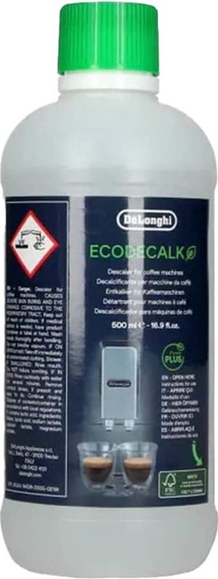 Fles De'Longhi EcoDecalk ontkalker met groene dop en afbeelding van koffiemachine.