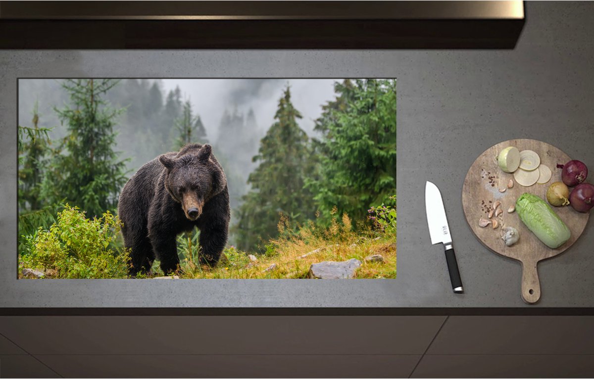 Inductieplaat Beschermer - Bruine beer in bos met grote bomen en bergen - 95x51 cm - 2 mm Dik - Inductie Beschermer - Bescherming Inductiekookplaat - Kookplaat Beschermer van Wit Vinyl