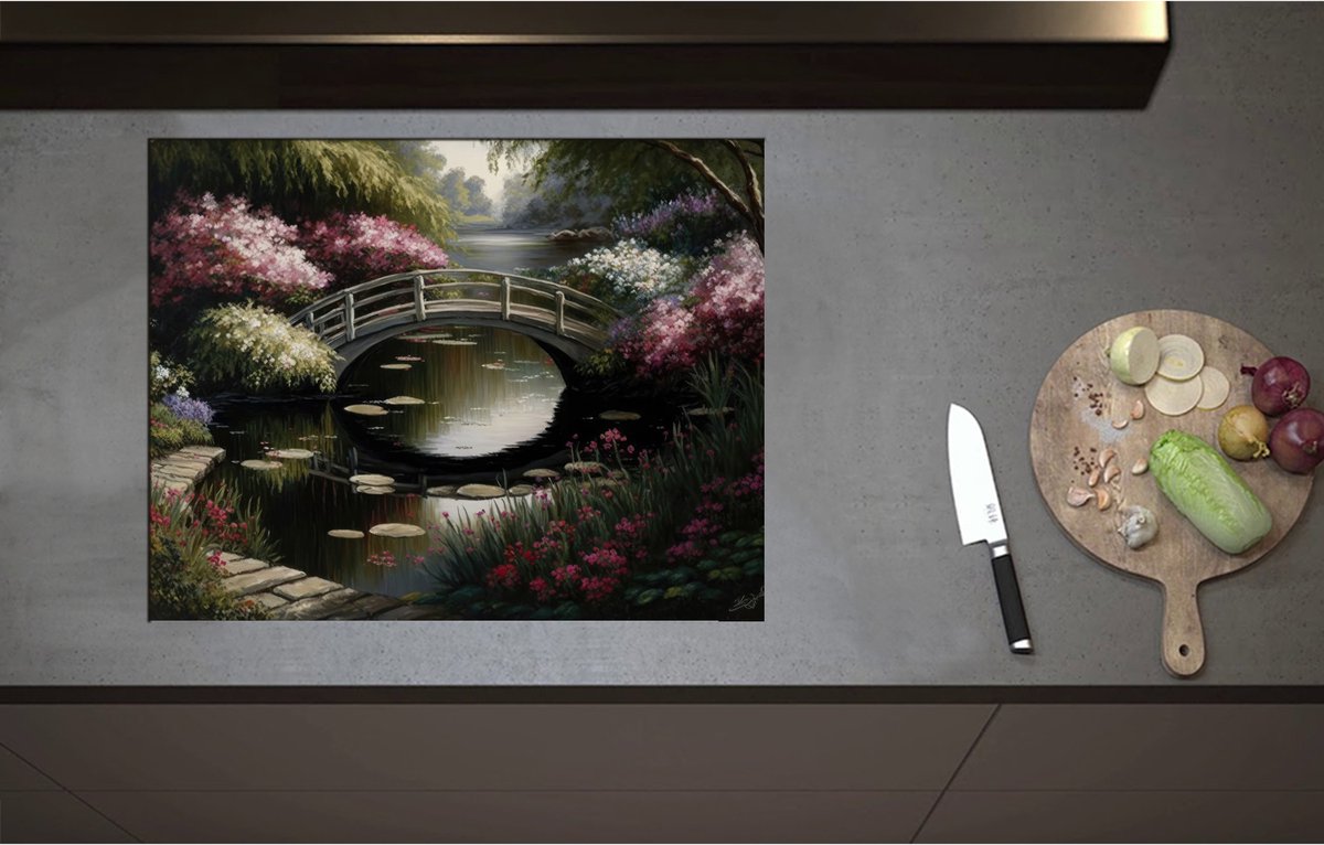 Inductieplaat Beschermer - Brug over Sloot met Mooie Bloemen - 70x55 cm - 2 mm Dik - Inductie Beschermer - Bescherming Inductiekookplaat - Kookplaat Beschermer van Zwart Vinyl