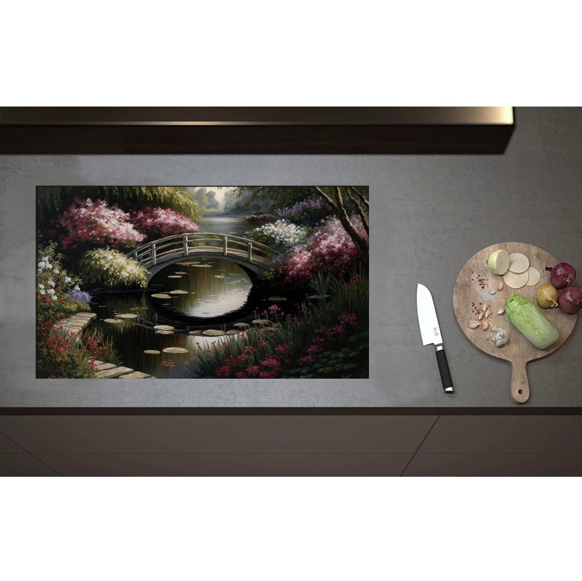 Inductieplaat Beschermer - Brug over Sloot met Mooie Bloemen - 85x50 cm - 2 mm Dik - Inductie Beschermer - Bescherming Inductiekookplaat - Kookplaat Beschermer van Zwart Vinyl