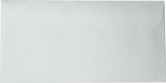Gesloten witte envelop, zelfklevend met plakstrip. Buitenmaten: 110 x 220 mm.