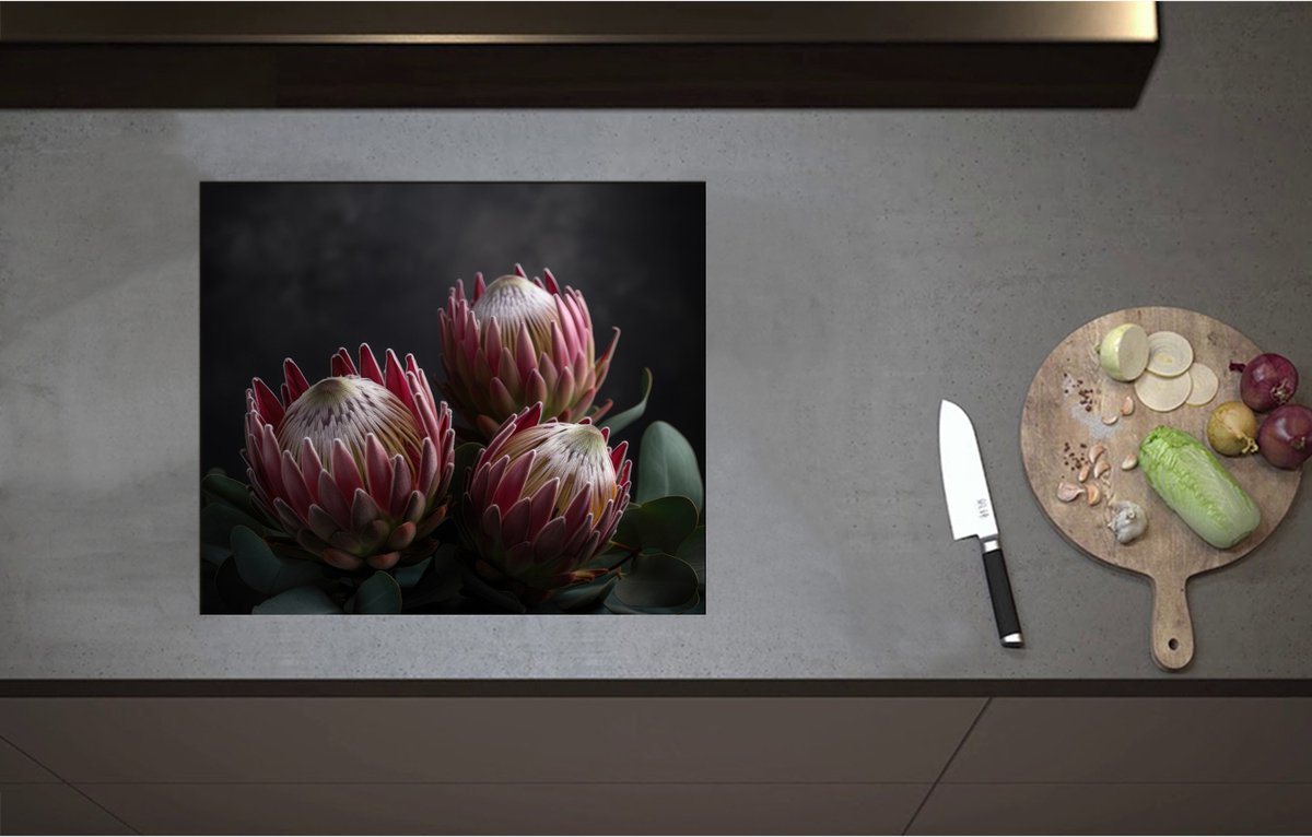 Inductieplaat Beschermer - Close-up van Drie Koningsprotea Bloemen tegen Donkere Achtergrond - 58x50 cm - 2 mm Dik - Inductie Beschermer - Bescherming Inductiekookplaat - Kookplaat Beschermer van Wit Vinyl