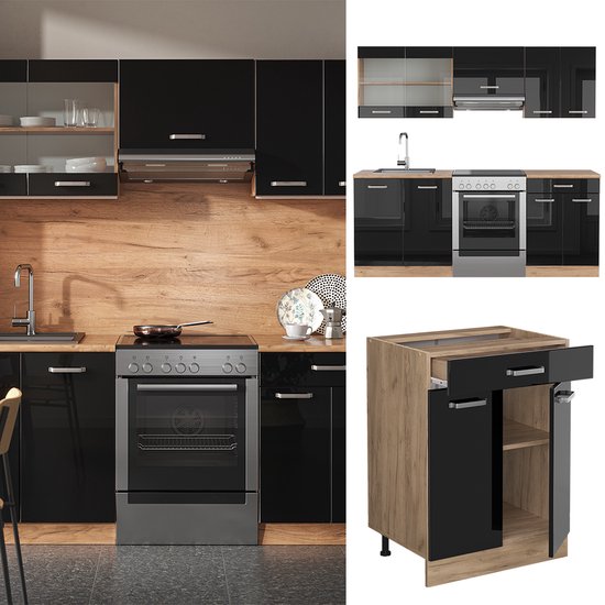 Meuble de cuisine complet Vicco R- Line – 200 cm, WB Anthracite Chêne noir brillant/or, WB Anthracite