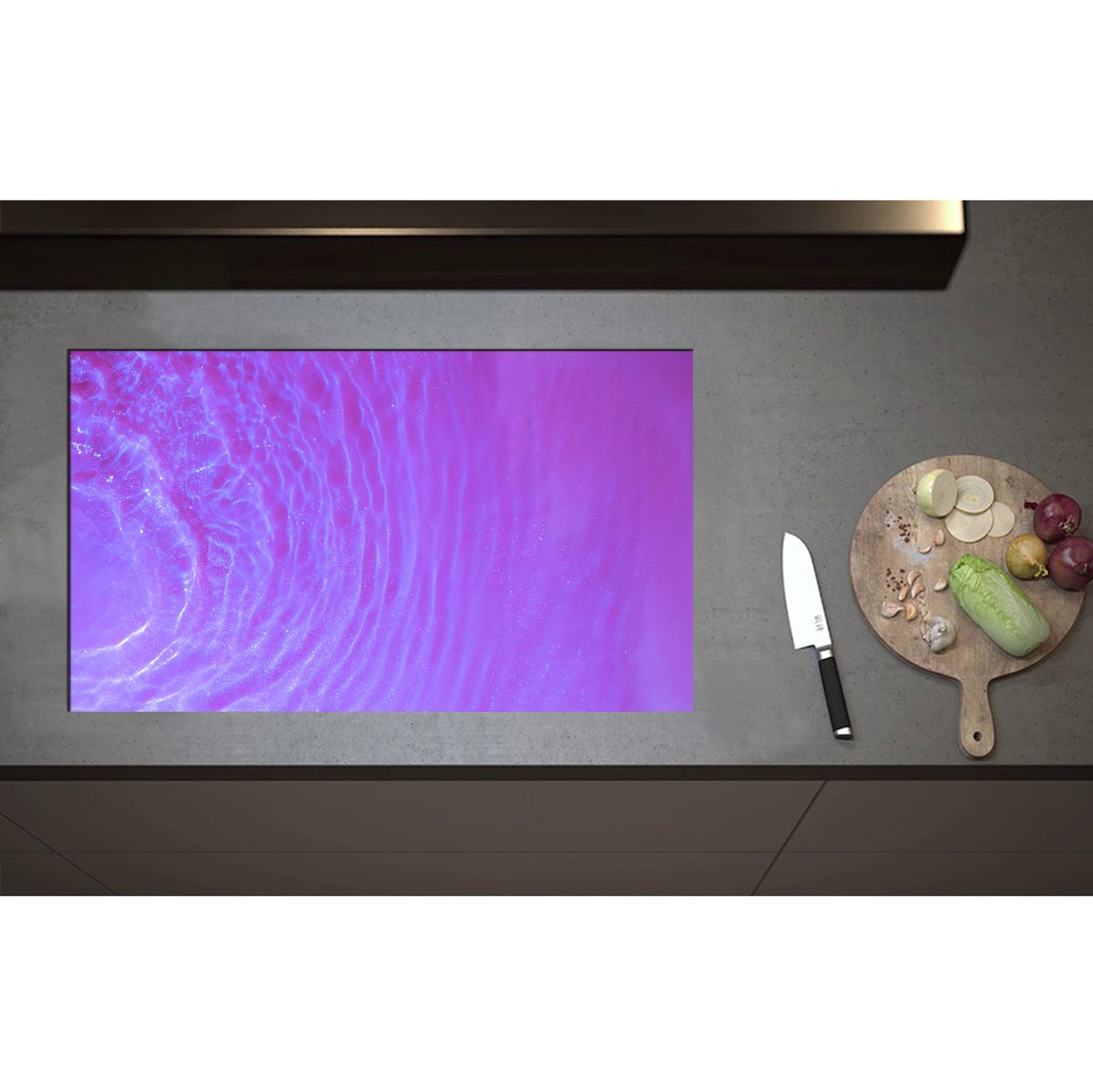 Inductieplaat Beschermer - Bovenaanzicht van Rimpelingen in Paars Water - 85x50 cm - 2 mm Dik - Inductie Beschermer - Bescherming Inductiekookplaat - Kookplaat Beschermer van Wit Vinyl