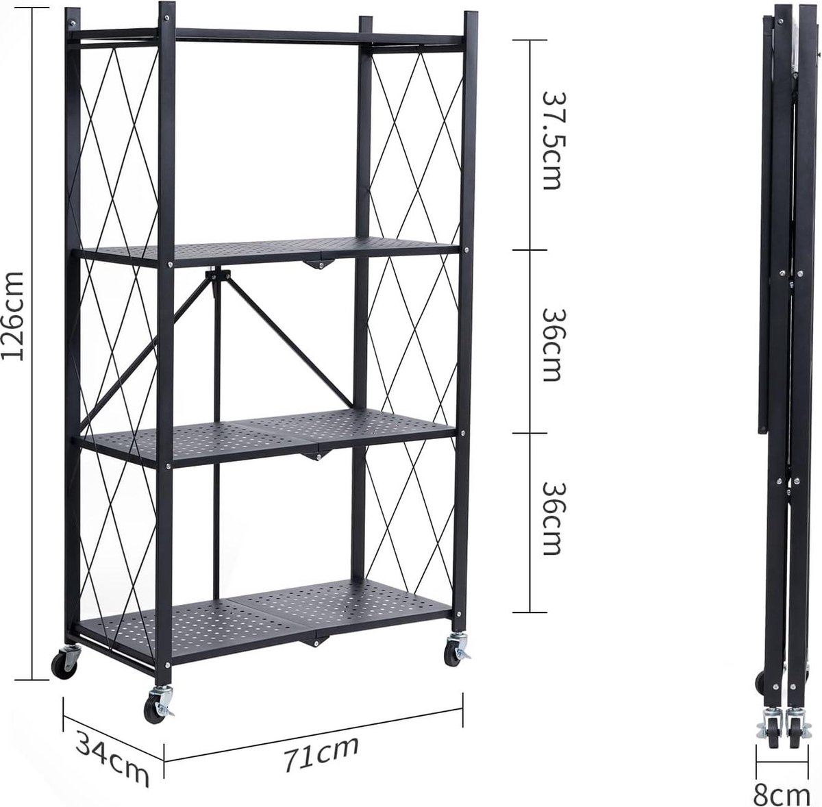 Étagère Métal 3 étages Pliable Avec Roulettes | Rangement Lourd Pour Cuisine Bureau | 71.5x36.5x87 Cm