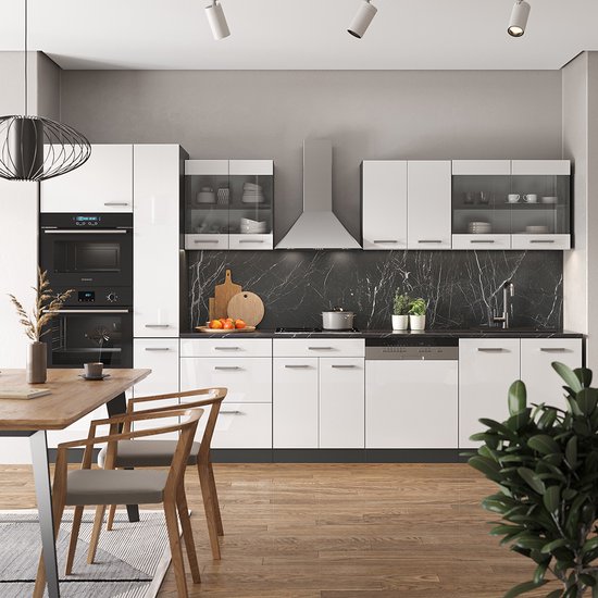 Meubles Bas Profondeur 46 Cm Cuisine équipée R-Line Vicco 300 Cm - Blanc Brillant/anthracite - Avec Plan De Travail - Modulable Et Réglable Blanc Brillant Anthracite