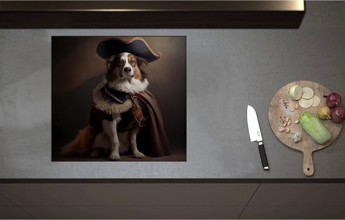 Inductieplaat Beschermer - Bruin met Zwarte Hond Verkleerd in Historisch Piraten Pak - 59x55 cm - 2 mm Dik - Inductie Beschermer - Bescherming Inductiekookplaat - Kookplaat Beschermer van Wit Vinyl
