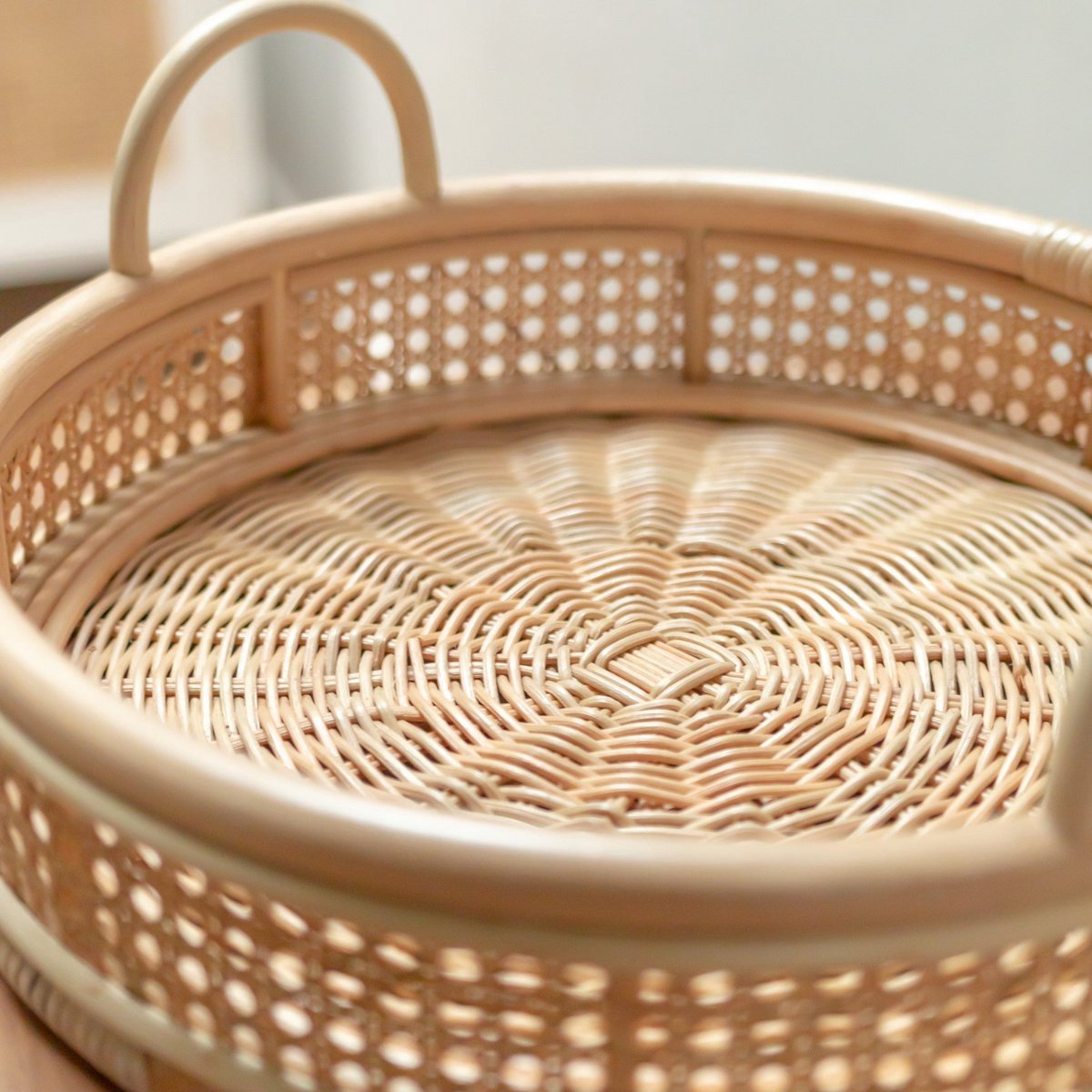 Rotan dienblad | Ronde serveerschaal NEIRA Handgemaakt Beige Decoratief dienblad Ø40 cm