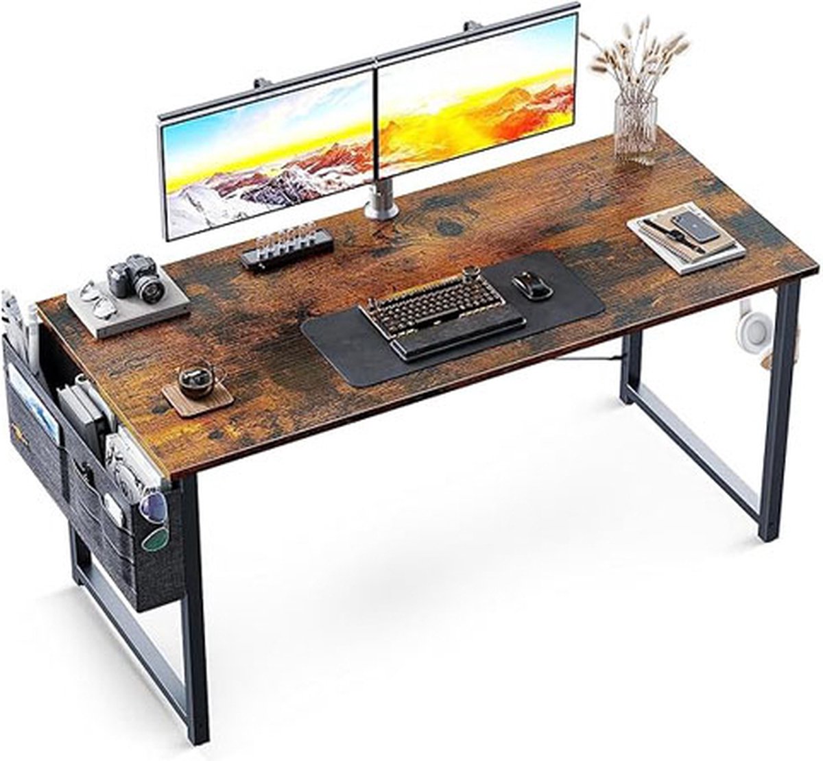 CLORD Bureau - Klein - Bruin - 80x40x73,5 cm - Inclusief Hoofdtelefoonhouder en Opbergtas - Geschikt als Computertafel of Kantoortafel