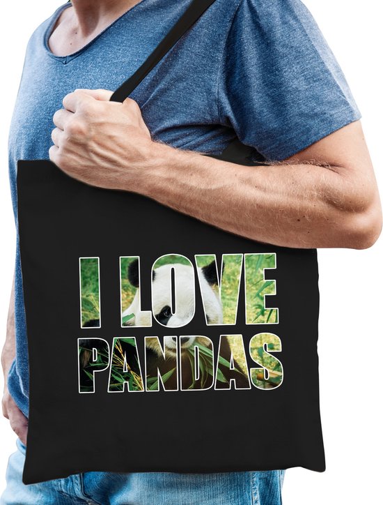 Foto: I love pandas tas zwart heren bedrukte dierentassen cadeau tas shopper voor panda pandabeer liefhebbers