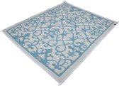 Blauw en wit vloerkleed met een sierlijk, arabesk patroon, schuin van bovenaf gefotografeerd.