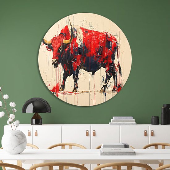 Tableau taureau rond - Plats muraux animaux - Cercles muraux Peinture - Décoration murale industrielle - Cercle mural - Décoration chambre cercle mural forex 100x100 cm