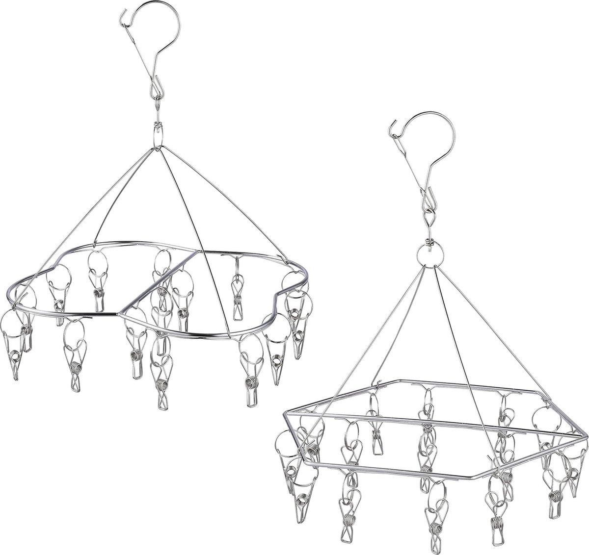 Roestvrijstalen sokkendroger Kledingdroger Draaibare haak Winddichte hanger voor sokken, ondergoed, bh's, babykleding, handschoenen (30 Peg, Quadrice en zeshoekig)