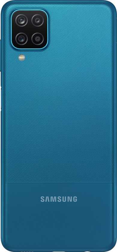 Turquoise Samsung Galaxy A12 met gestructureerde achterkant en vier camera's.