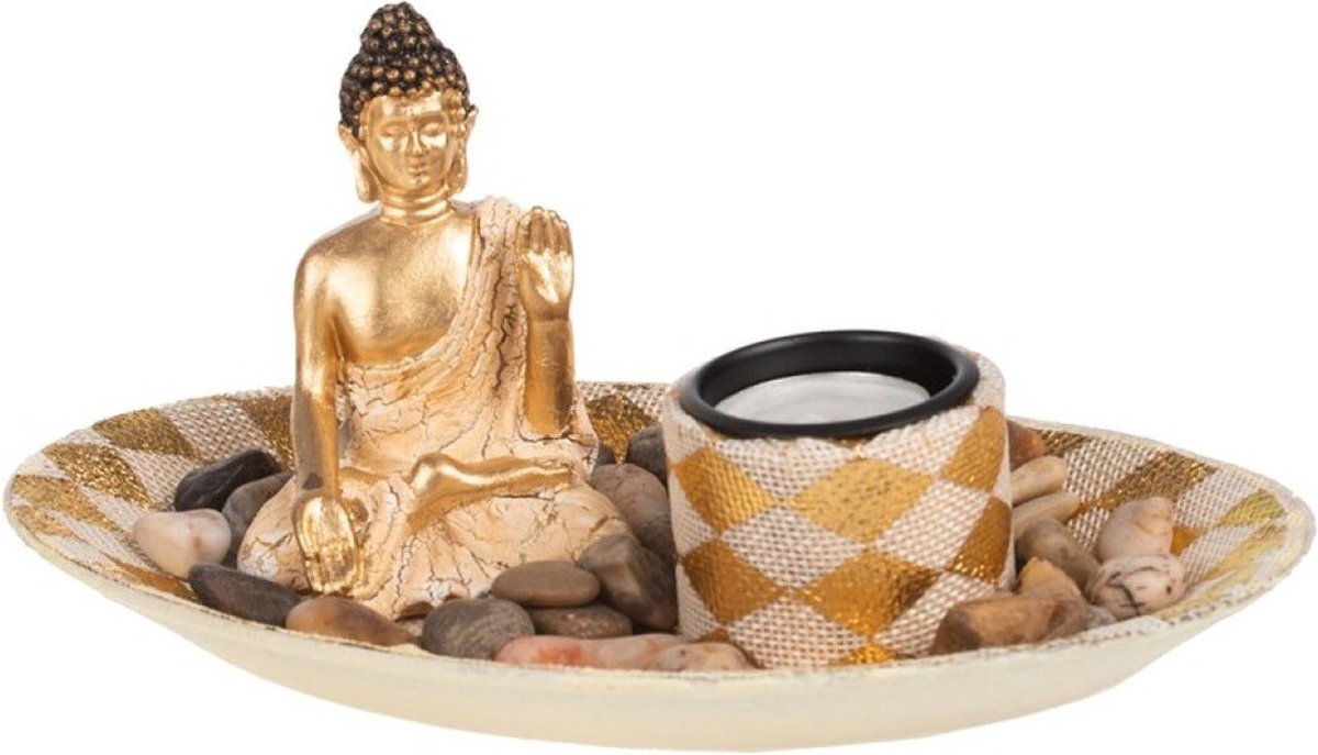 Boeddha beeld - goud - polystone - 27 x 17 x 12 cm - waxinelichthouder