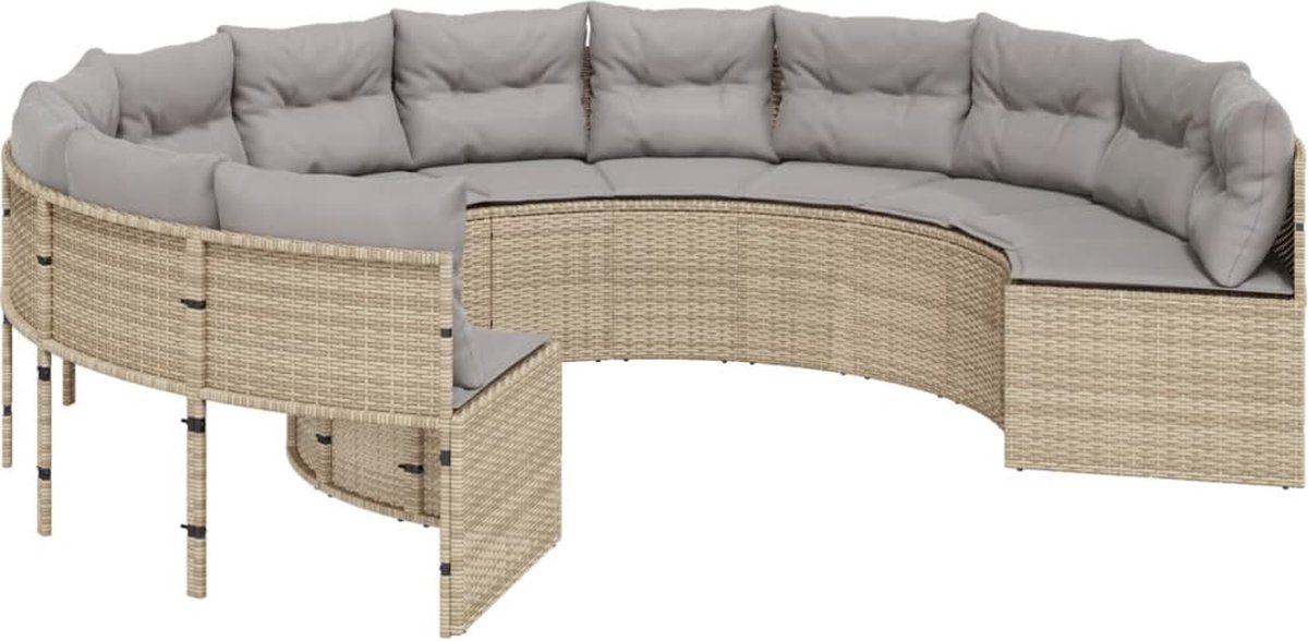 vidaXL Tuinbank - met - kussens - rond - poly - rattan - beige