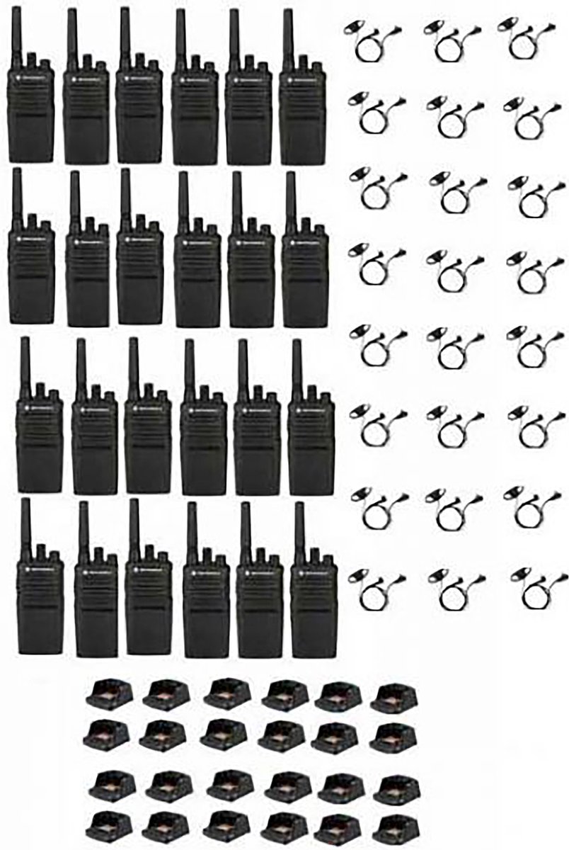 Set van 24 Motorola XT420 UHF IP55 PMR446 Portofoon met laders en D-shape oortje M1 2-pins