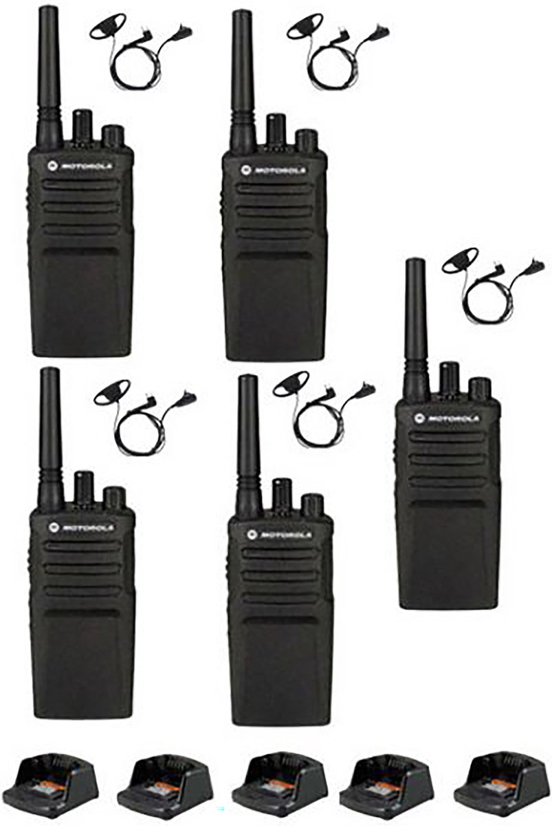 Set van 5 Motorola XT420 UHF IP55 PMR446, laders en D-shape oortje M1 2-Pins