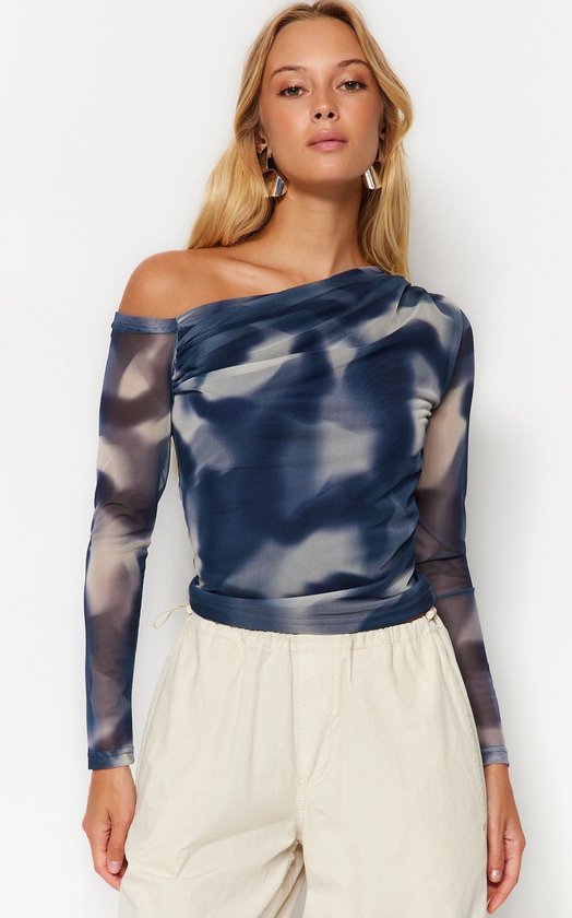 Trendyol Veelkleurige Tule, Aansluitend/Past Om Het Lichaam, Gevoerde Asymmetrische Kraagblouse Tweeaw24Bz00051