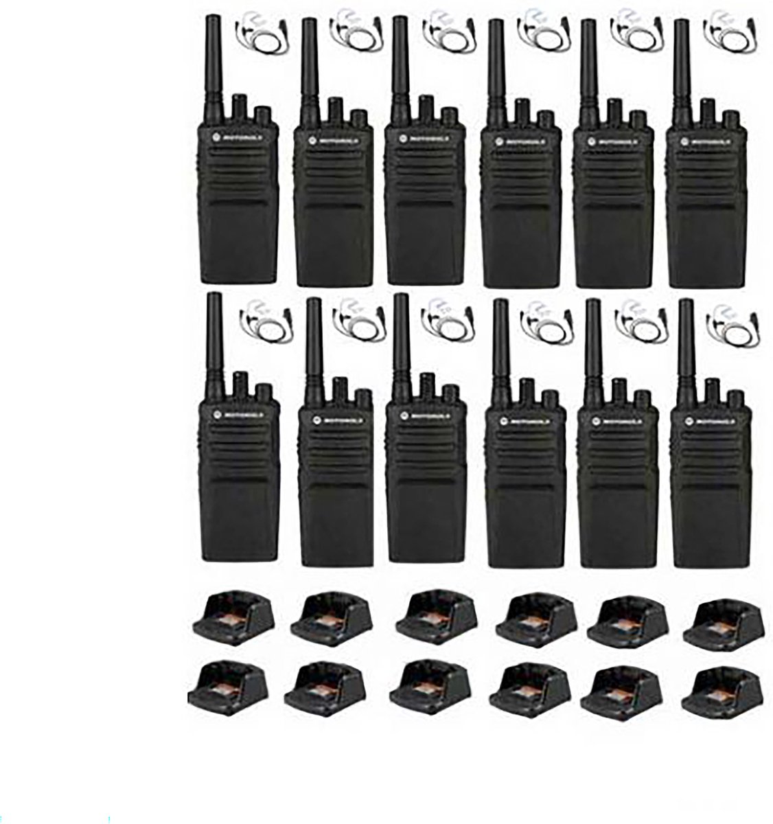 Set van 12 Motorola XT420 UHF IP55 PMR446 Portofoon met laders en beveiliging oortje M1 2-pins