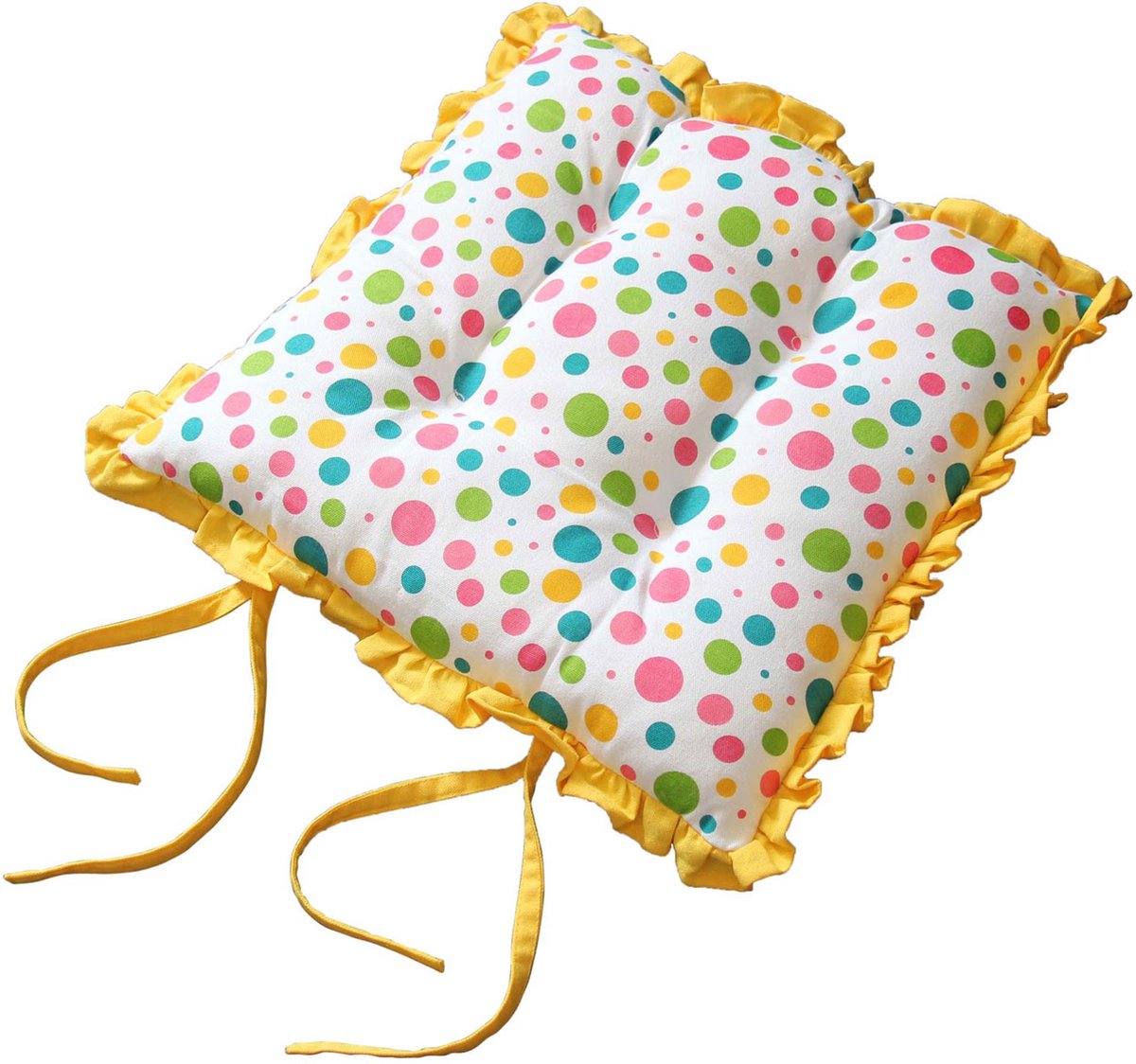 Homescapes Omkeerbaar rucheskussen Stoelkussen met strikjes Polka Dots Multi Geel