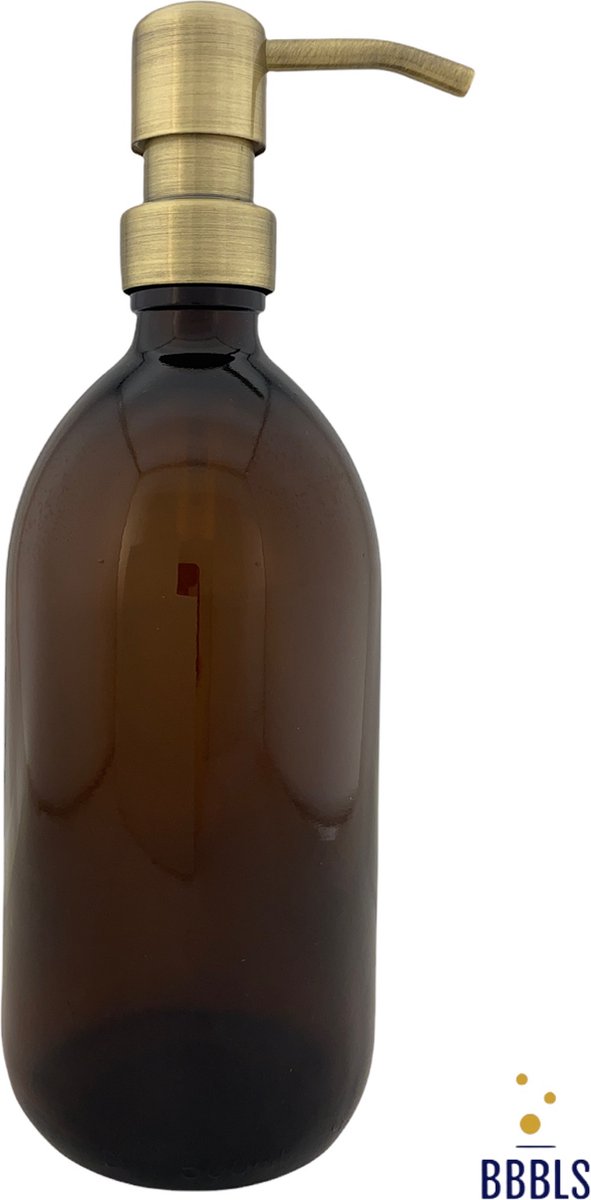 BBBLS Design Dispenser "Blanco" | Bruin Glas | 500ml | RVS / Metaal Pomp Goud | Zeeppomp | Zeepdispenser | Zeephouder