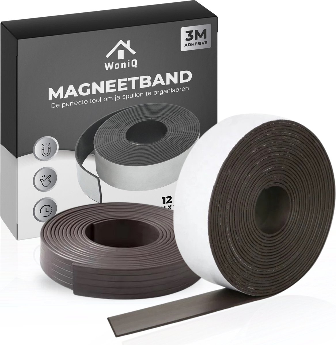 WoniQ Magneetband met Plakstrip - 12 Meter Lang - Magneetstrip - Magneet Tape - Magneettape - Magneetband zelfklevend - Magnetisch Tape - Zelfklevend - Zwart