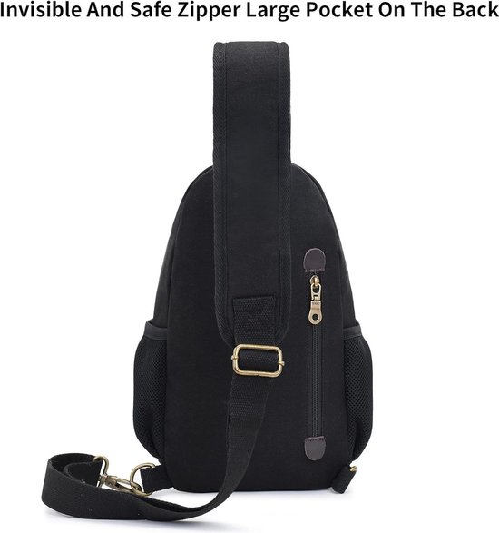 TESELOR Sling Bag Canvas voor heren, met waterfles, sling rugzak, sport, grote borstzak, sport, voor wandelen, reizen, wandelen, zwart