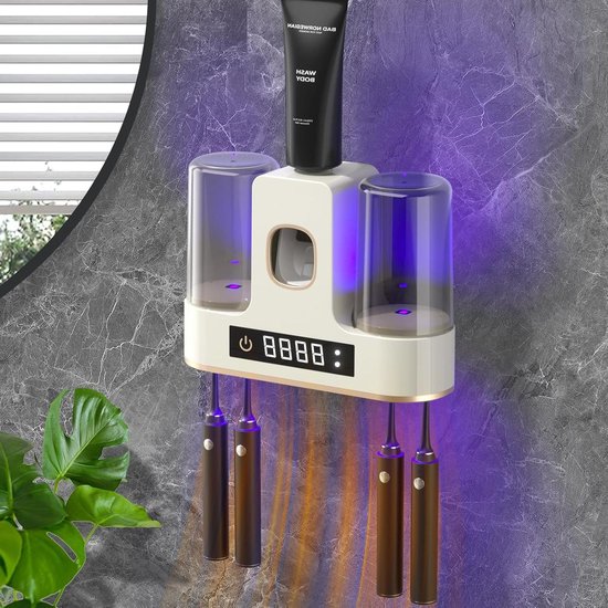 Distributeur Automatique de Dentifrice avec Porte-Brosse à Dents - 4 Emplacements pour Brosses - 2 Gobelets Magnétiques - Fixation Murale - Distributeur de Dentifrice Électrique - Blanc