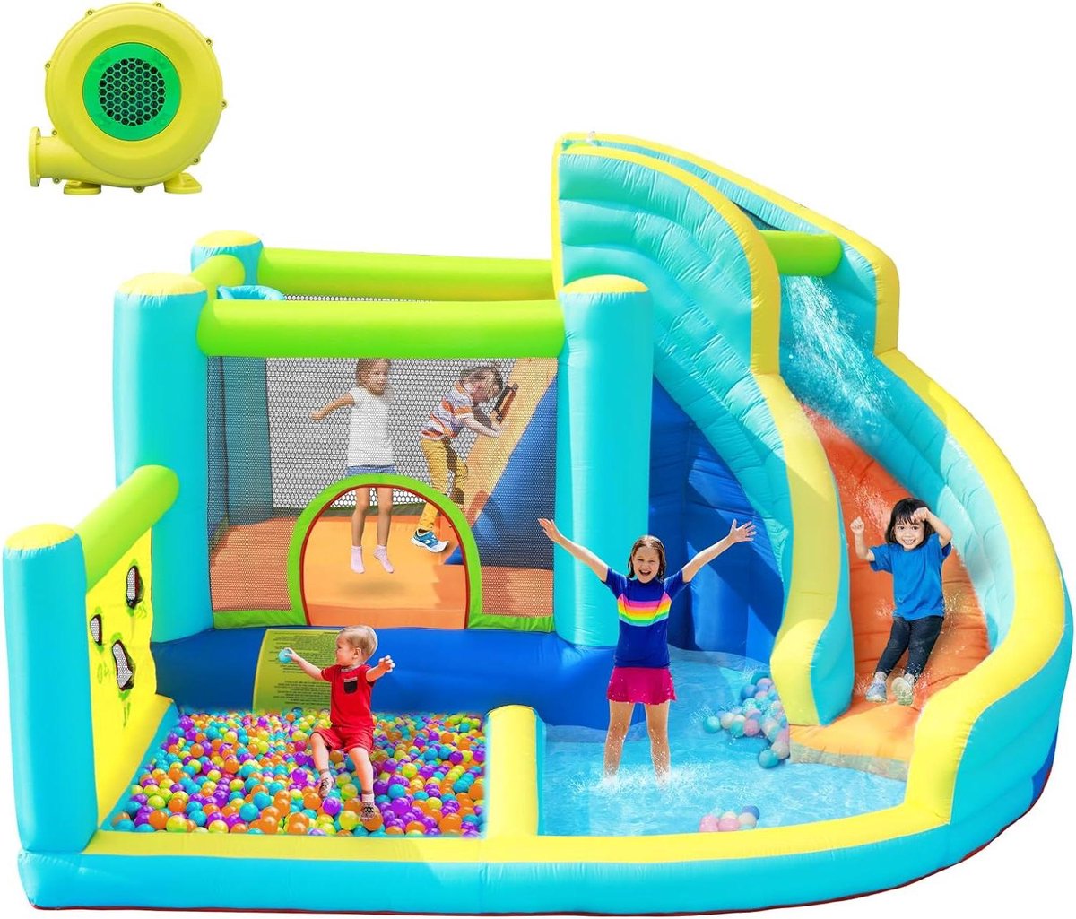 Springkasteel met ventilator en waterglijbaan FBSPORT Waterspeelcentrum voor kinderen Klimwand en basketbalmand Geschikt voor binnen en buiten Maximaal 4 kinderen Springkasteel