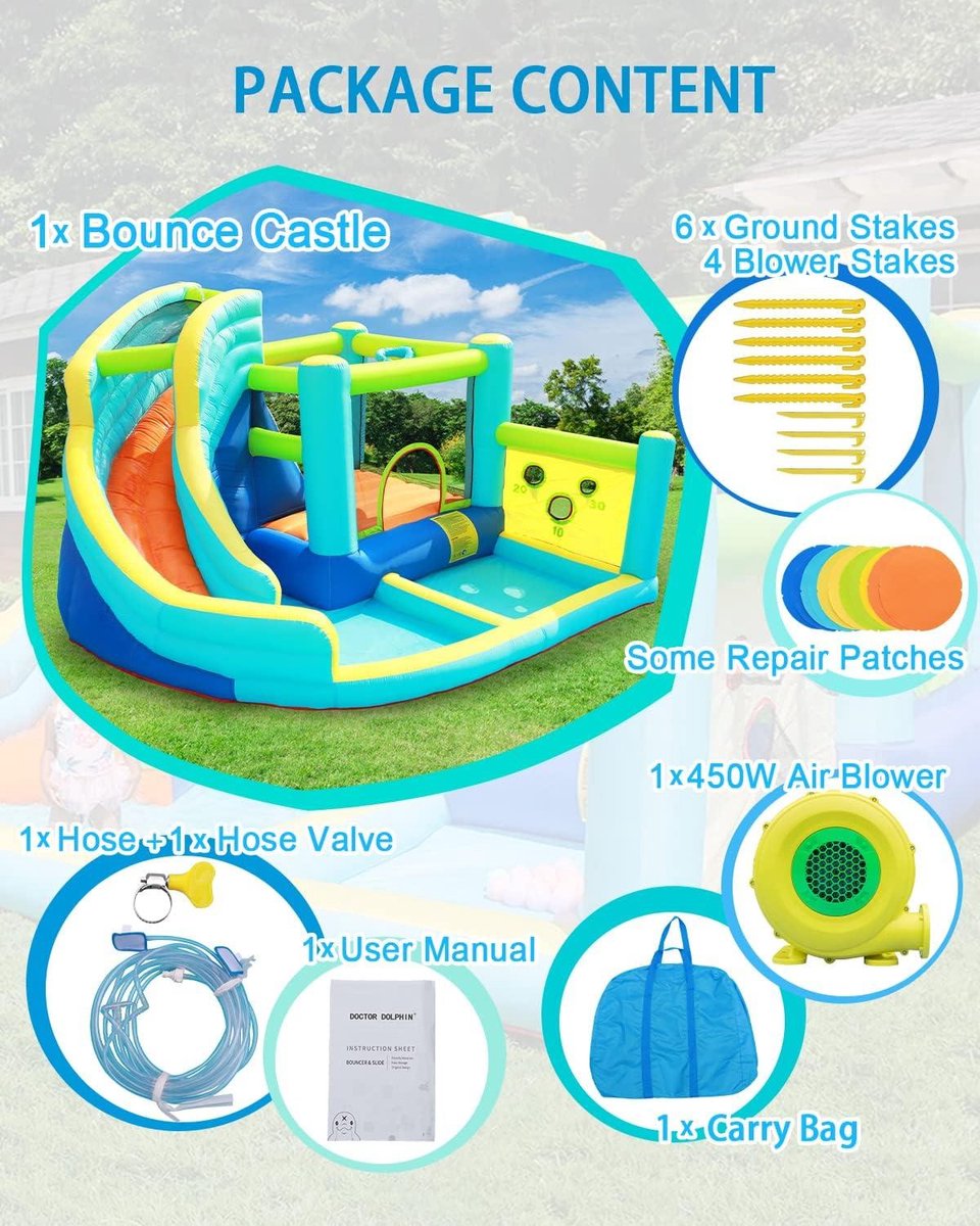 FBSPORT Château Gonflable XXL – Toboggan Eau/Sec, Trampoline, Piscine, Basket – 425x355x215 Cm – Soufflerie 550W Incluse