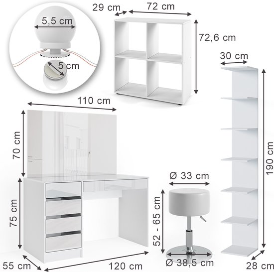 Dimensions d'un ensemble de coiffeuse blanche avec miroir, tiroirs, tabouret, étagère et étagère murale.