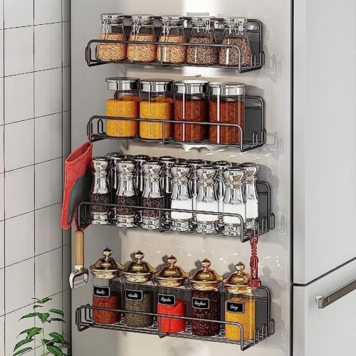 CJCY Magnetisch rek voor koelkast, kruidenrek, magnetisch, voor koelkast, organizer voor keuken, zwart, 2 stuks