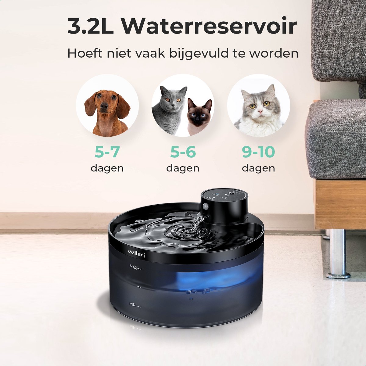 Cellavi R2A - Draadloze Drinkfontein Kat met Sensor - Waterfontein Katten & Honden - Kattenfontein Draadloos - 5200mAh Batterij - Fluisterstil - 3.2L thumbnail 4