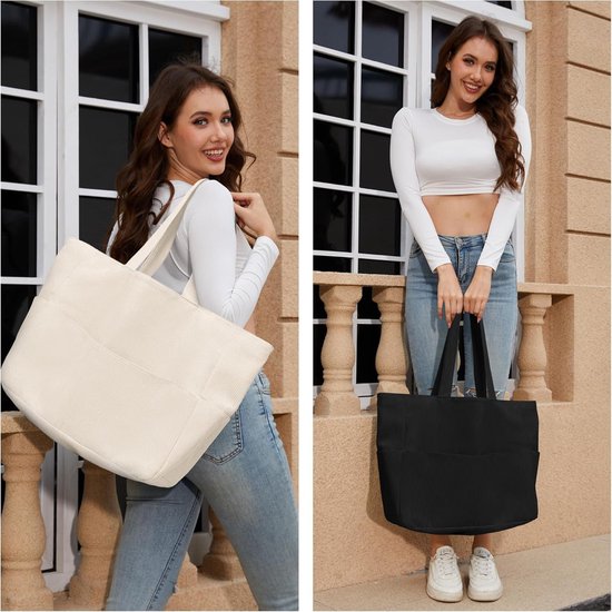 Handtas voor dames, tote bag, shopper met ritssluiting, grote schoudertas, koord, stoffen tas met zakvak, voor school, werk, reizen, winkelen, bruin Handtas voor dames, tote bag, shopper met ritssluiting, grote schoudertas, koord, stoffen tas met zakvak, voor school, werk, reizen, winkelen, bruin