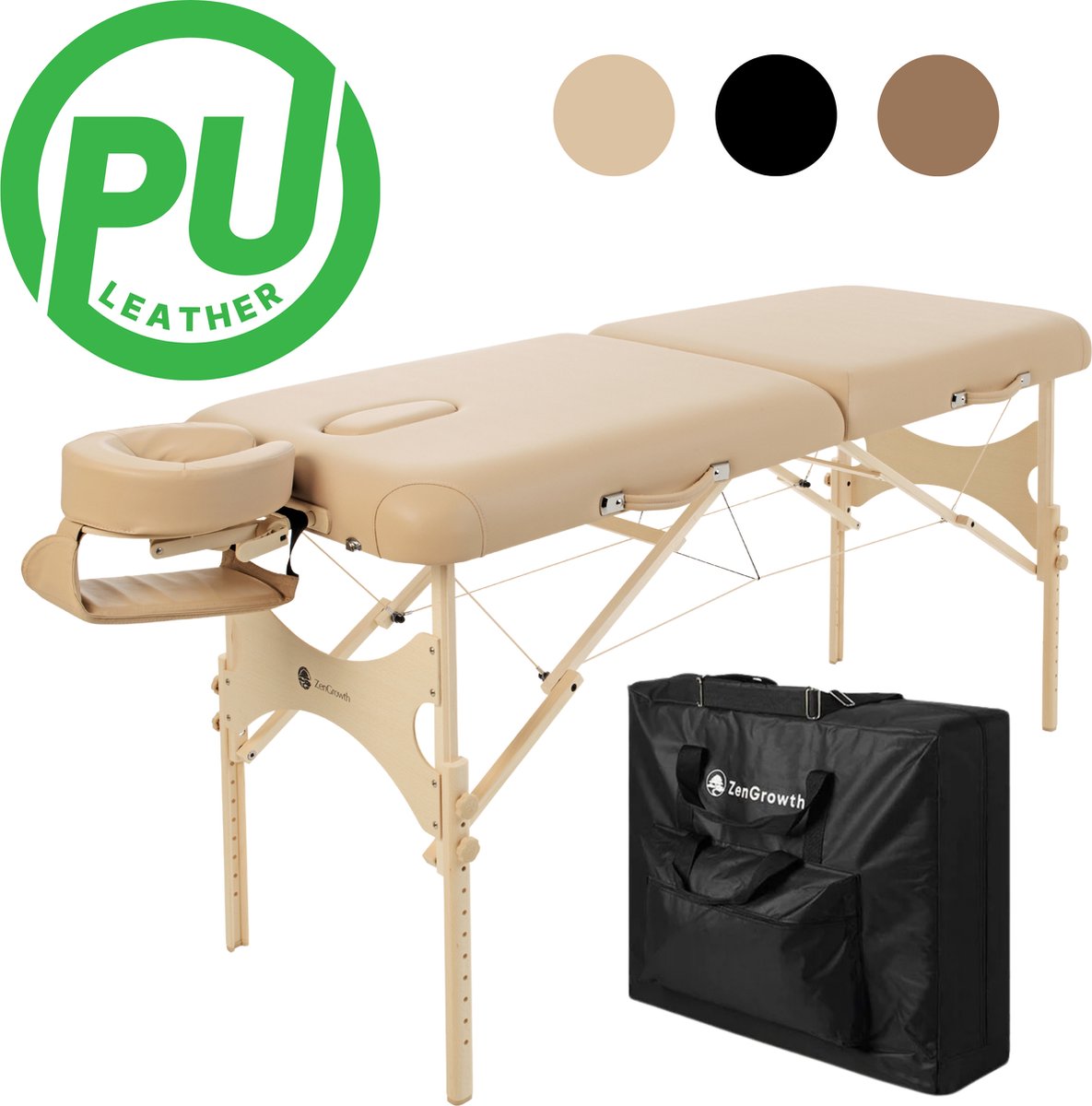 Goedkoopste ZenGrowth® Belverde Massagetafel Beige – Inklapbaar – Breedte 71 cm – Hoogte 60 tot 89 cm – Drielaags matras – Behandelbank – Behandeltafel – Inclusief Opbergtas