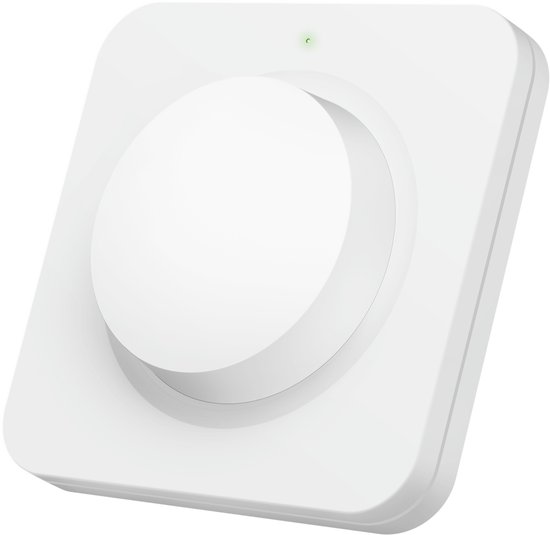 Draadloze draaiknop, wit, vierkant met een ronde, verhoogde knop in het midden en een groen lampje.