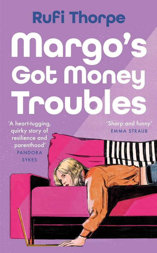 Couverture du livre 'Margo's Got Money Troubles' avec texte et illustration d'une femme blonde allongée sur un canapé rose avec un ordinateur portable.