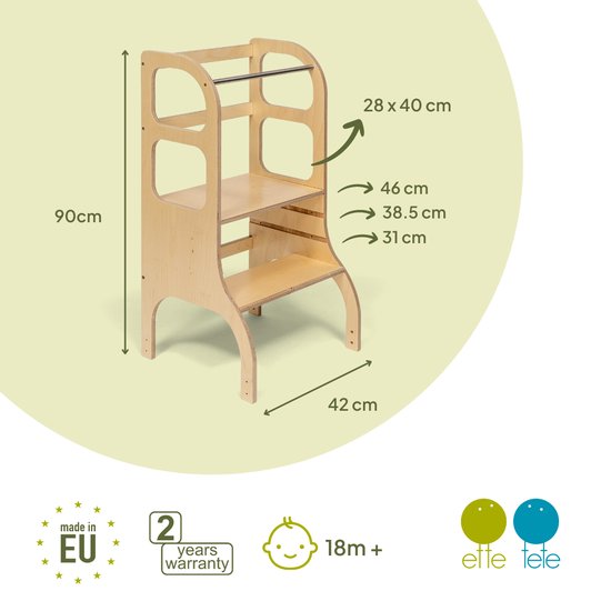 Opvouwbare leertoren met zitfunctie, staande hoogte 45 cm, Opstapje, opvouwbaar opstapje, leertoren met opvouwbare zit- en tafelfunctie, berkenhout, UV-vernis, grijs met gouden beslag