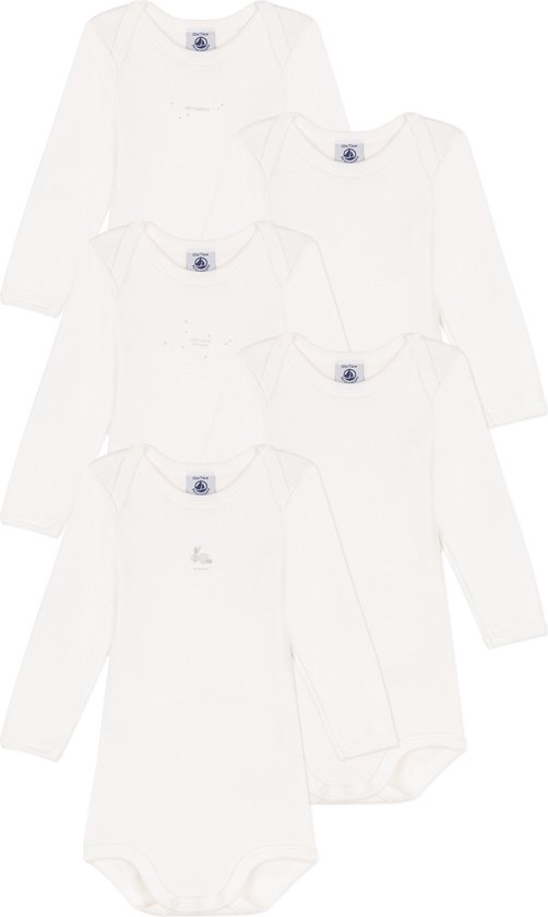 Petit Bateau Set de 5 bodies manches longues en coton imprimé lapin Barboteuse unisexe - Wit - Taille 74