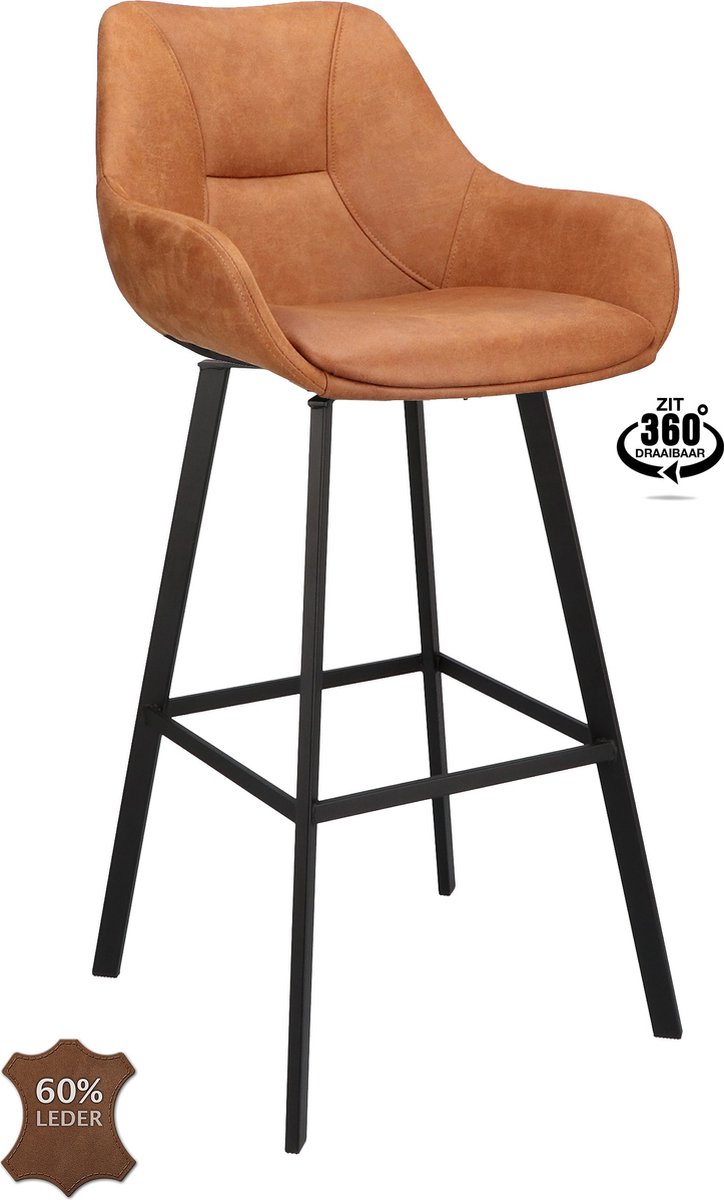 Icon Living - Barkruk Bradley Zithoogte 80 - Microleder Bull Camel - Poot Zwart