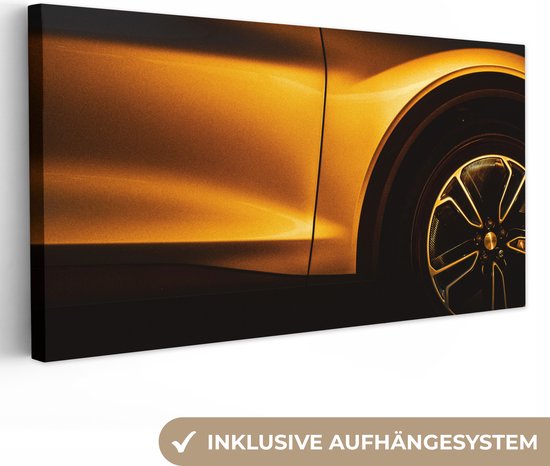 Canvas schilderij - Gouden auto 160x80 - Kamer decoratie accessoires - Schilderijen goud woonkamer - Wanddecoratie slaapkamer - Muurdecoratie keuken - Wall decoration - Wanddoek interieur binnen - Woondecoratie huis - Woonaccessoires