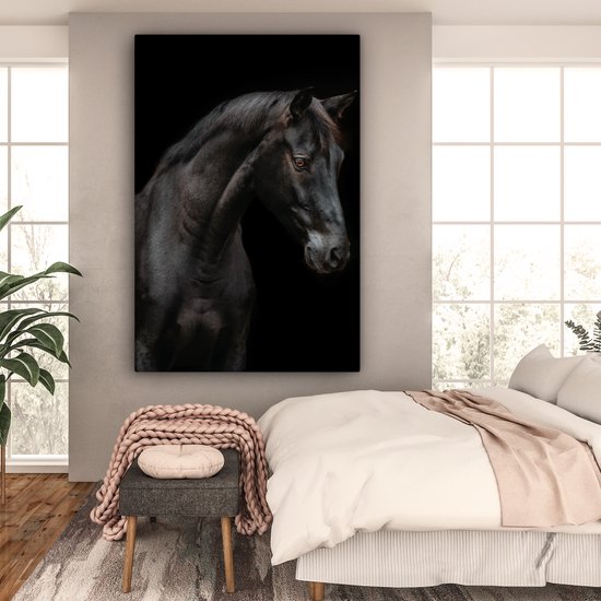 Canvas schilderij 120x180 cm - Wanddecoratie Paard - Dier - Zwart - Muurdecoratie woonkamer - Slaapkamer decoratie - Kamer accessoires - Schilderijen op canvas