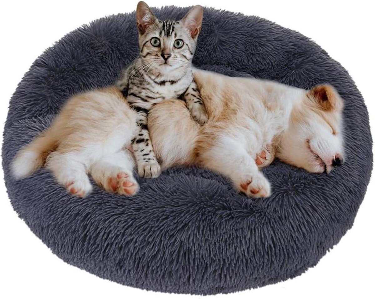 DonutRond Warm Hondenbed Fluffy Pluche - Comfortabel Slaapzak voor Puppy's en Katten - Wasbaar - Donker grijs (M:60cm) fluffy dog ​​bed