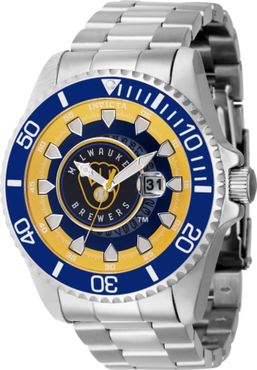 Invicta MLB - Milwaukee Brewers 43469 Heren Horloge - Waterdicht - Analoog - Quartz Uurwerk - Roestvrij Staal met Gele Wijzer