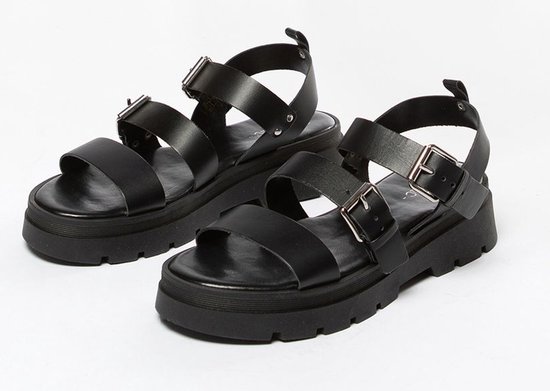 Sacha Dames Zwarte leren plateau sandalen met gespen Maat 37 bol