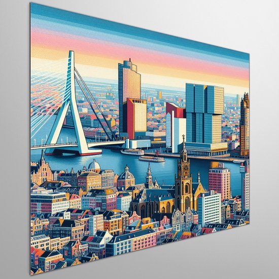 Acryl rotterdam schilderij | Rotterdamse skyline getransformeerd tot explosie van kleur en vormen | Kunst - 30x30 centimeter op Dibond | Foto op Dibond