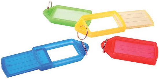 Vier sleutelhangers in blauw, rood, geel en groen. Elk met een uitneembaar insteekkaartje en ring.